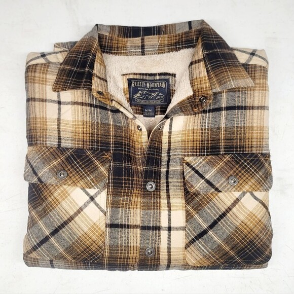 Grizzly Mountain Men's M Sherpa Lined Flannel Shirt Jacket Shacket Brown Plaid - Picture 2 of 16